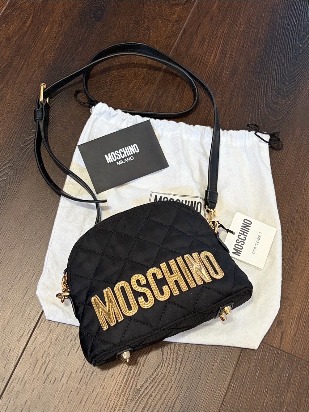 Moschino Black Quilted Crossbody with Gold Logo